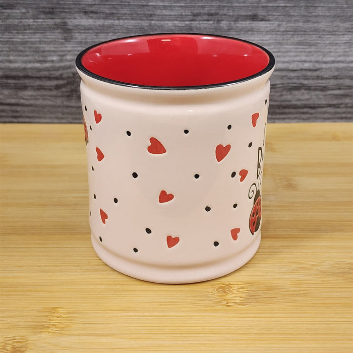 Whimsical Love Mug Ladybug Hearts Embossed Red Ceramic Tea Coffee Cup Blue Sky