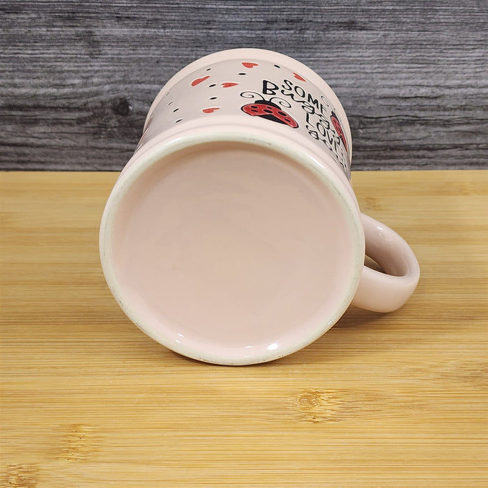 Whimsical Love Mug Ladybug Hearts Embossed Red Ceramic Tea Coffee Cup Blue Sky