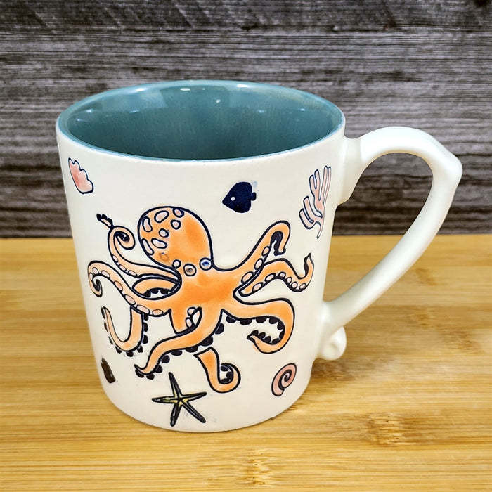 Whimsical Octopus Coffee Mug Sea Creatures Ceramic Embossed Tea Cup Blue Sky