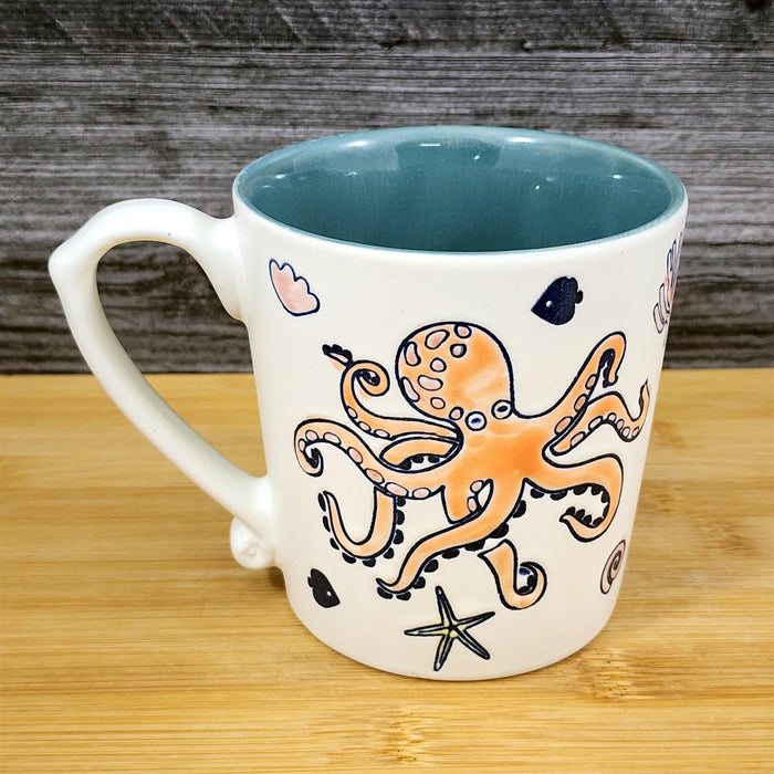 Whimsical Octopus Coffee Mug Sea Creatures Ceramic Embossed Tea Cup Blue Sky