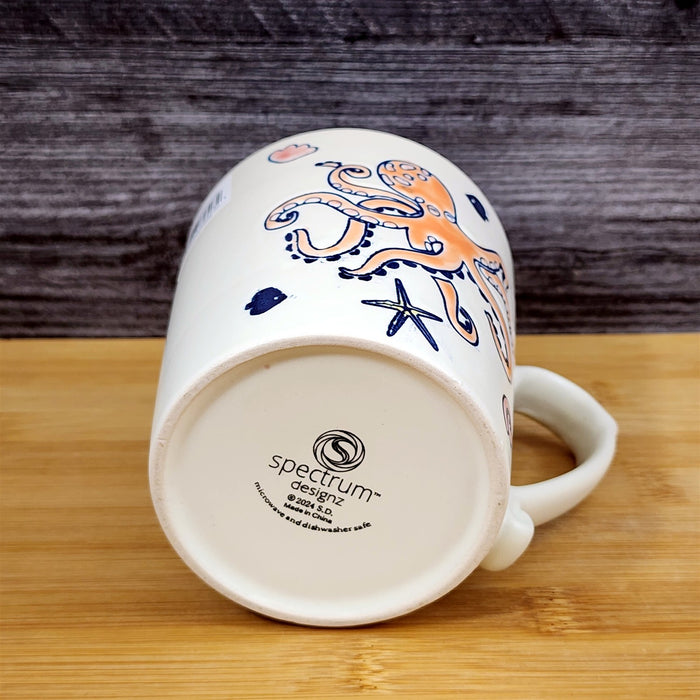 Whimsical Octopus Coffee Mug Sea Creatures Ceramic Embossed Tea Cup Blue Sky