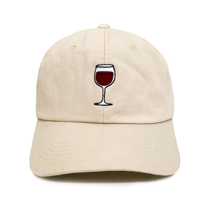 Wine Dad Hat – sand-tan 6-panel embroidered dad hat with red wine glass design, adjustable strap, funny gift for dads and wine lovers