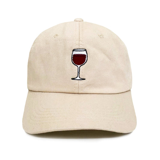 Wine Dad Hat – sand-tan 6-panel embroidered dad hat with red wine glass design, adjustable strap, funny gift for dads and wine lovers