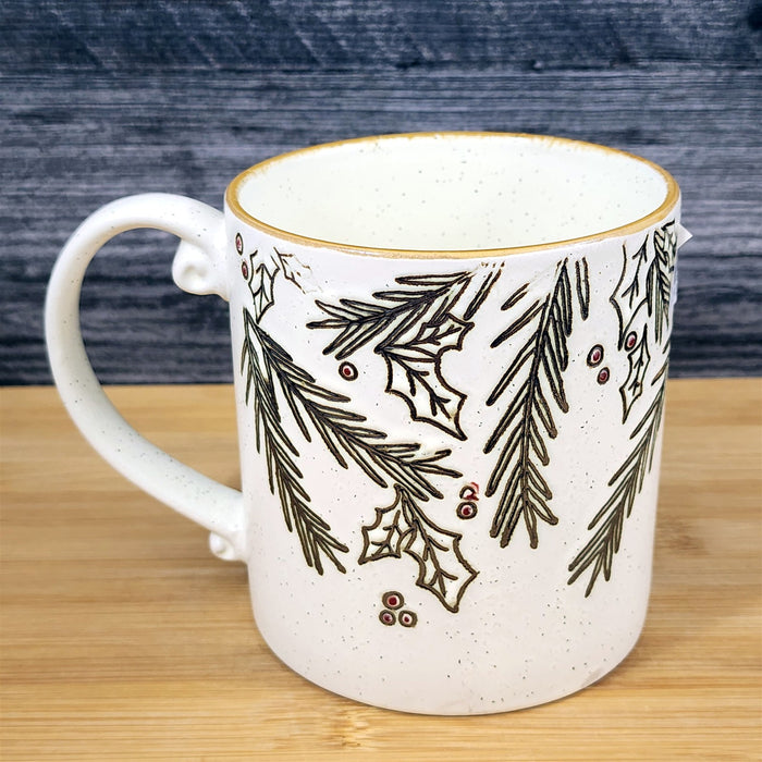 Winter Holly Coffee Mug Christmas Holiday Ceramic Tea Cup Blue Sky 16oz Embossed