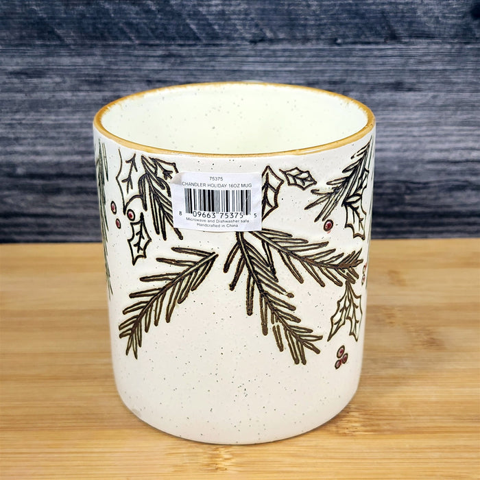 Winter Holly Coffee Mug Christmas Holiday Ceramic Tea Cup Blue Sky 16oz Embossed