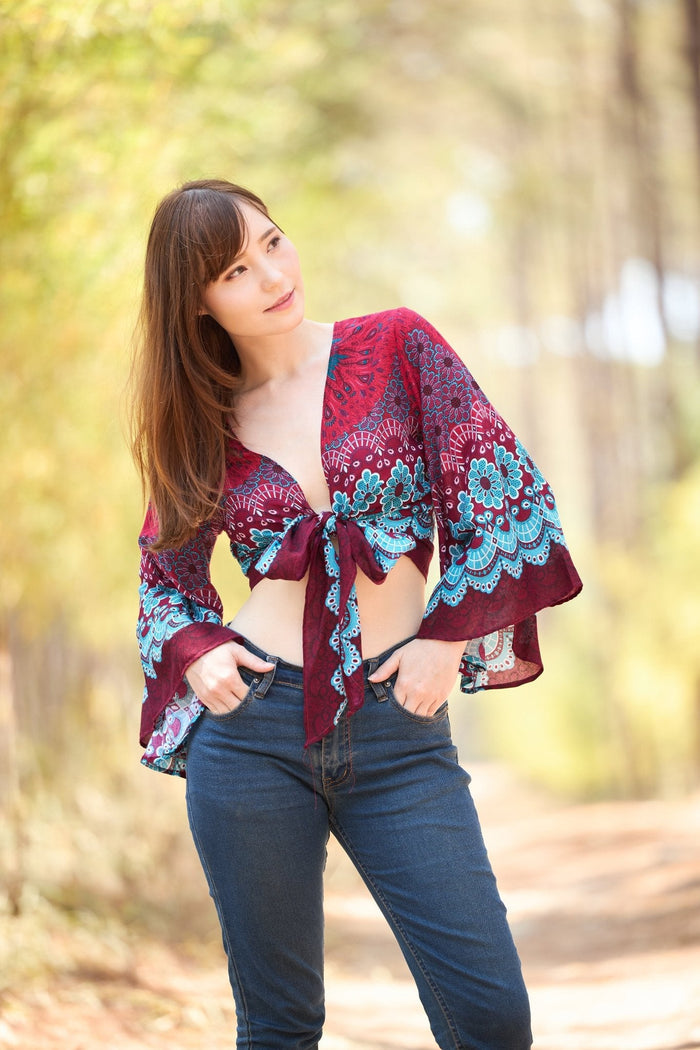 Women Boho Wrap Top - Casual Shirt - Lannaclothesdesign Shop