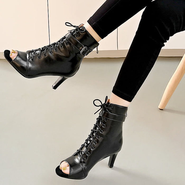 Women's Black 7cm/9cm Heel Rubber Sole Leatherette JazShoes Open Toe Dance Heels Boots