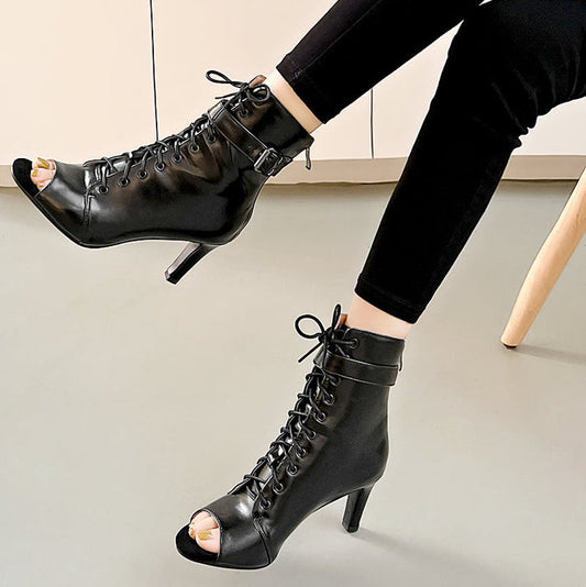 Women's Black 7cm/9cm Heel Rubber Sole Leatherette JazShoes Open Toe Dance Heels Boots