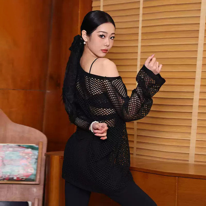 Women's Black Mesh Long Sleeve Latin Dance Dress Dance Wear Training Performance Dress