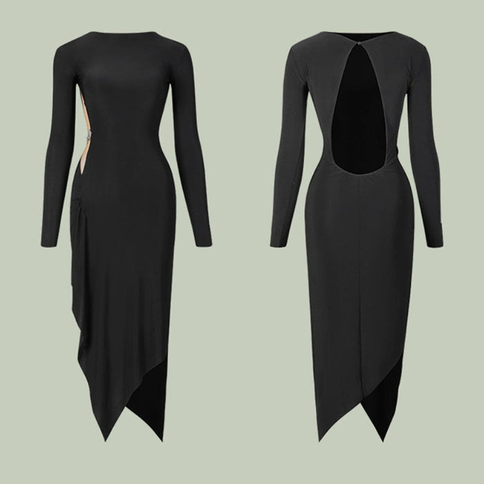 Women's Black Round Neck Long Sleeve Backless Elegant Dance Dress Dance Wear