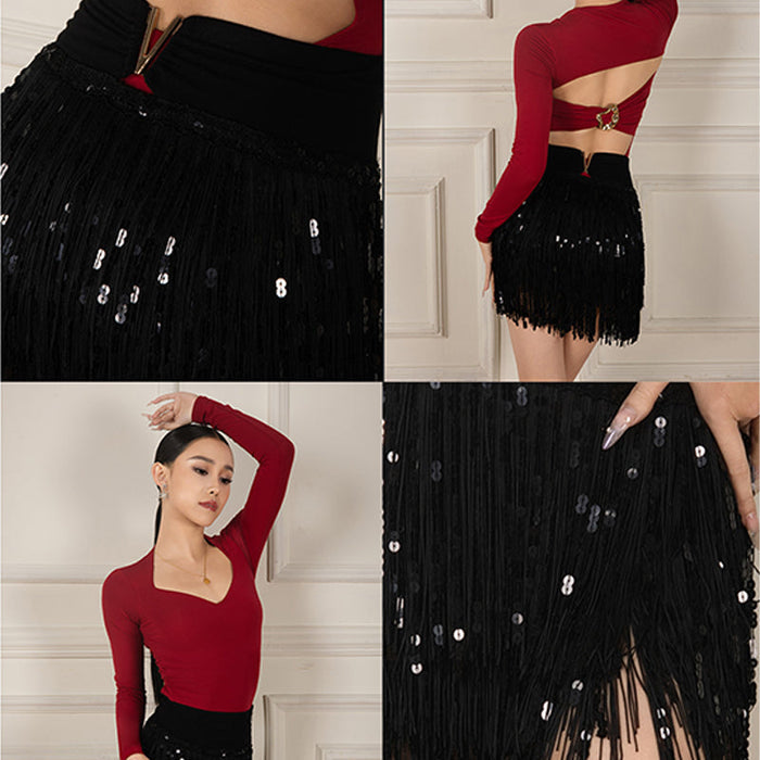 Women's Black Sequin Tassel Latin Dance Srt Training Performance Srts DanceWear