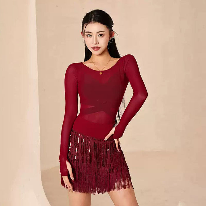 Women's Red Long Sleeves Dance Tops Bodysuit LeotarPractice DanceWear