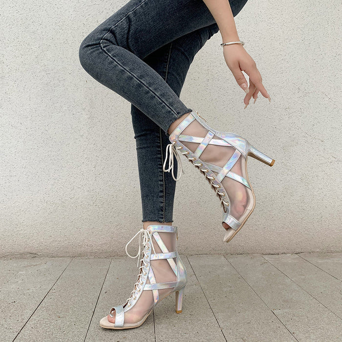 Women's Silver 7.5cm/10cm Heel Peep Toe Rubber Sole JazShoes Dance Boots