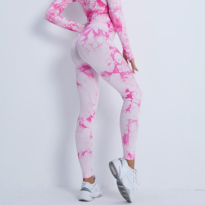 Women's Tie-Dye Long Sleeve Stretch Yoga Tights Fitness Sets