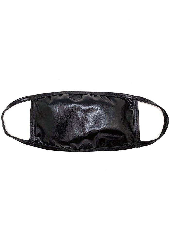 BGlittz x LASR Bad Behavior Dust Mask in black with black patent base on breathable poly nylon LASR exclusive rave festival face mask — front view
