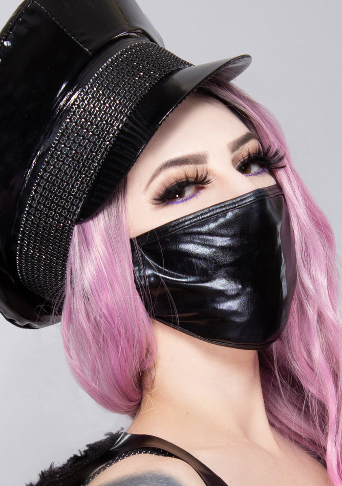 BGlittz x LASR Bad Behavior Dust Mask in black with black patent base on breathable poly nylon LASR exclusive rave festival face mask — model view