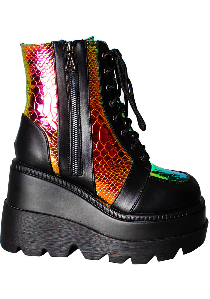 Cape Robbin X LASR Exclusive RADIO Radioactive Black Platform Boots in matte black vegan leather, featuring a bright yellow and orange iridescent python textured upper and a chunky platform sole.