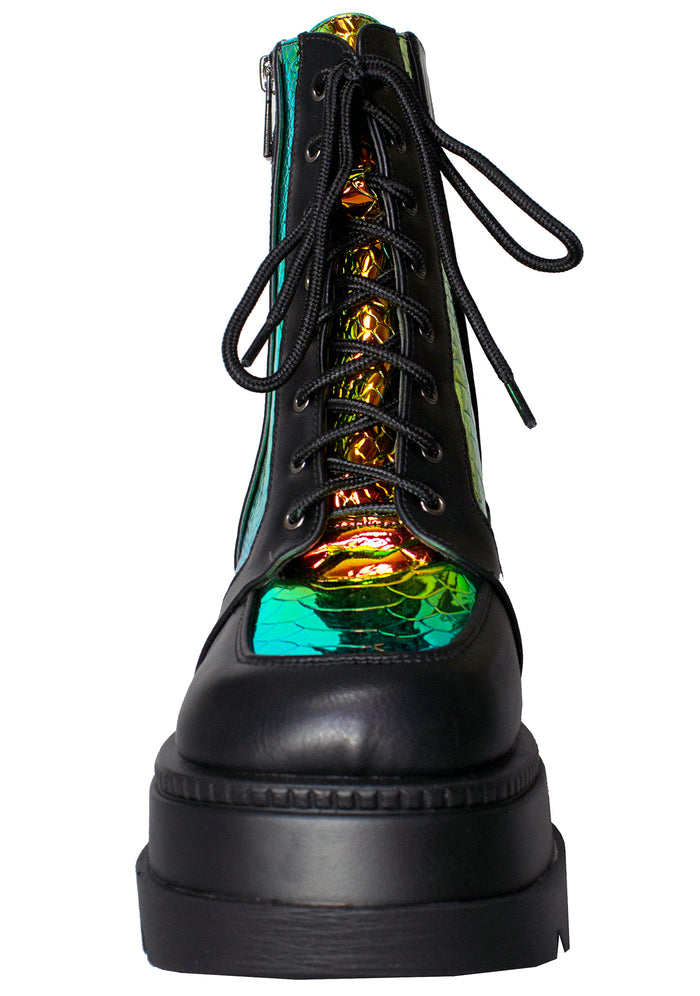 Studio front profile of the Cape Robbin X LASR exclusive black boots, emphasizing the wide textured toe cap, crisp laces, and the rugged, teeth-textured platform tread.