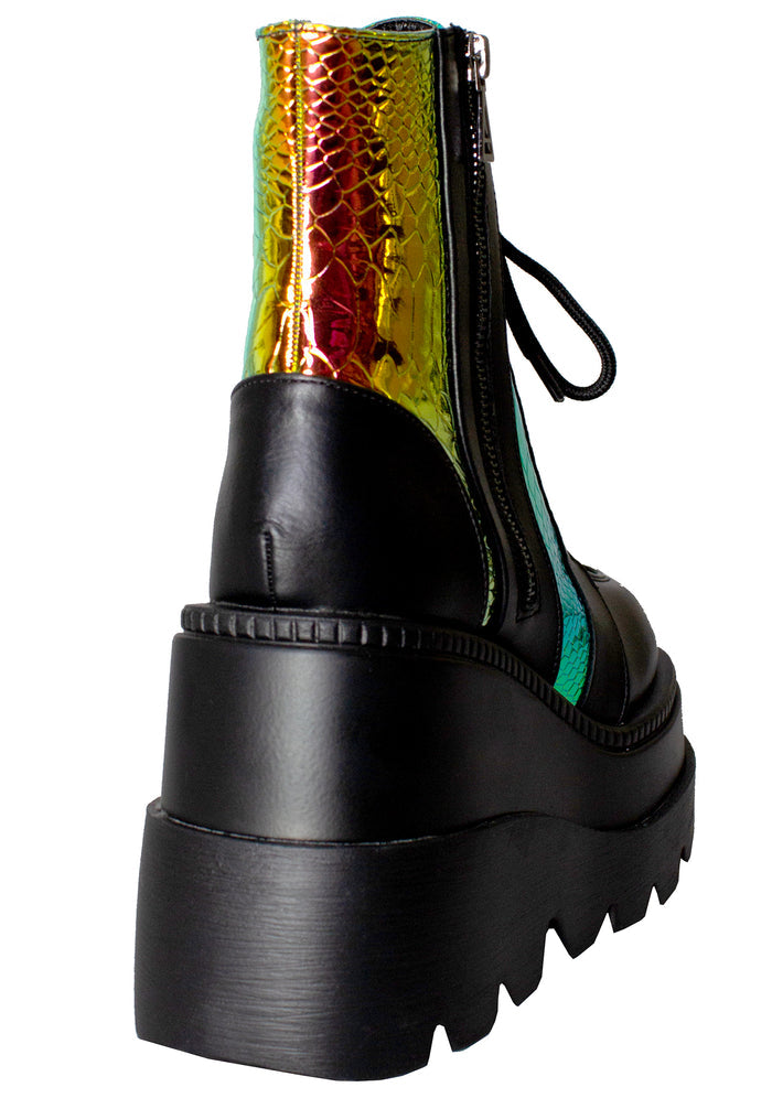 Close-up view of the inner side of the black Radioactive platform boot, highlighting the secure side metal zipper closure and the contoured lines of the lightweight sole.
