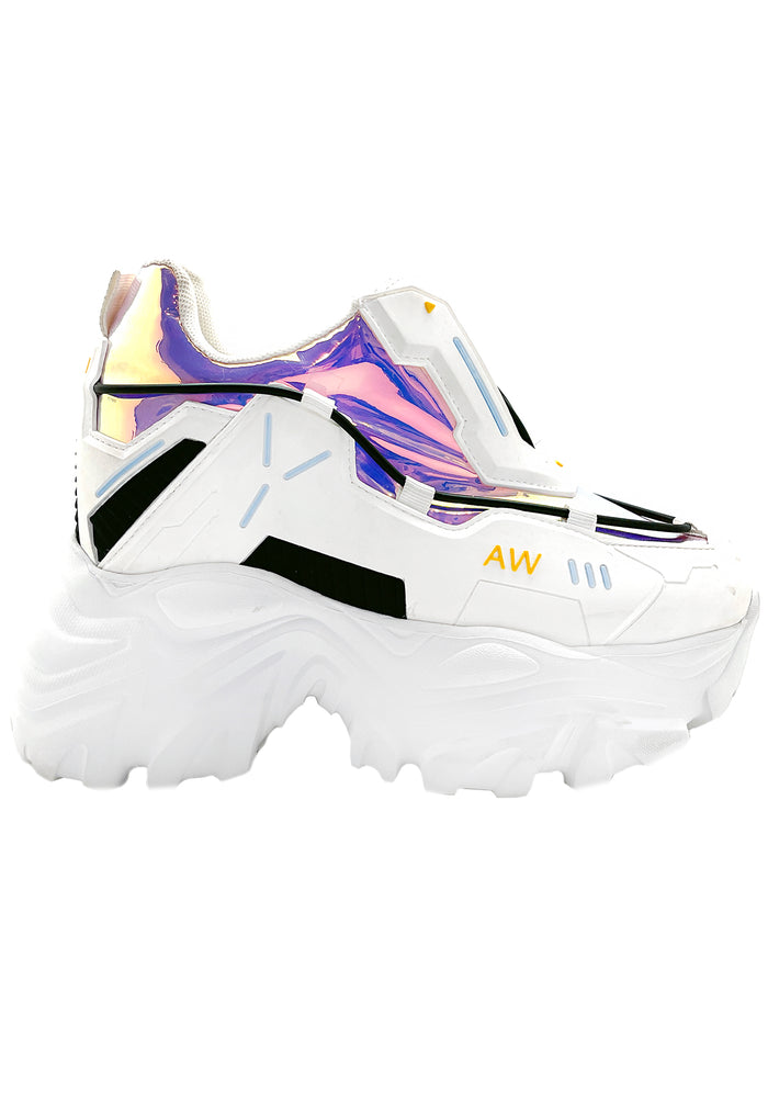 Side studio view of Anthony Wang X LASR Exclusive Watermelon 04 Cybernetic platform sneakers in white vegan leather featuring iridescent details and chunky tech rave soles
