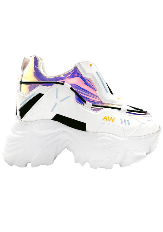 Side studio view of Anthony Wang X LASR Exclusive Watermelon 04 Cybernetic platform sneakers in white vegan leather featuring iridescent details and chunky tech rave soles