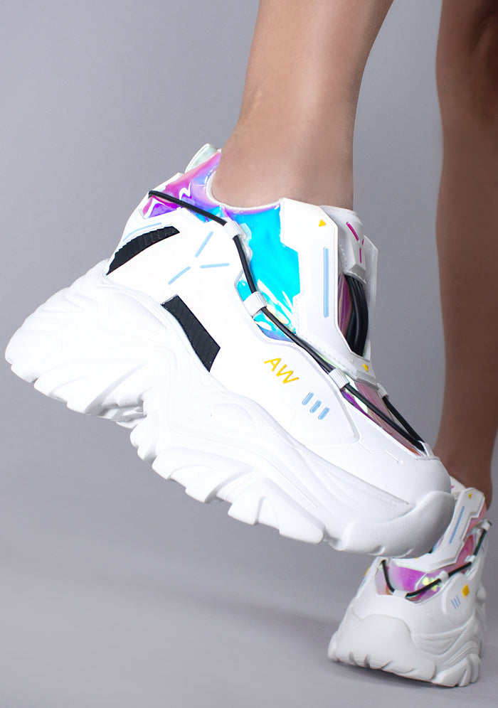 On-foot side profile of Anthony Wang X LASR Exclusive Cybernetic white platform sneakers showcasing the detailed PU cable accents and hidden interior wedge heel