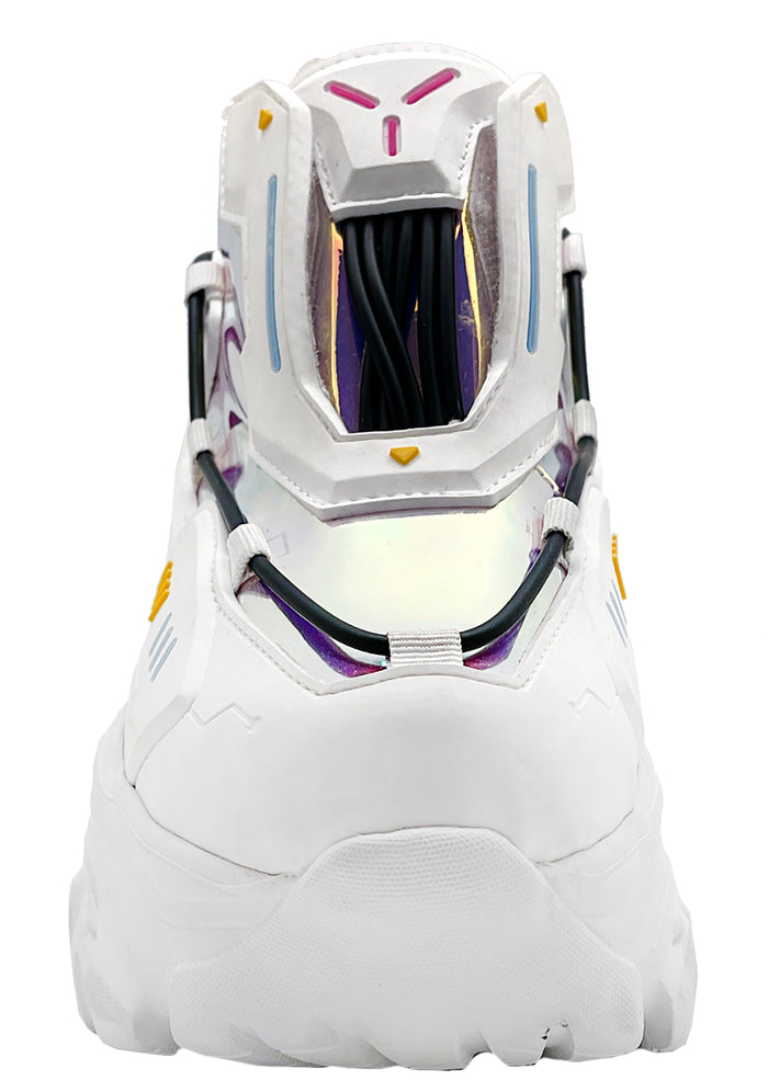 Three-quarter studio view of Anthony Wang X LASR Exclusive Watermelon 04 Cybernetic white platform sneakers highlighting the low-top techwear silhouette, layered panels, and chunky block soles