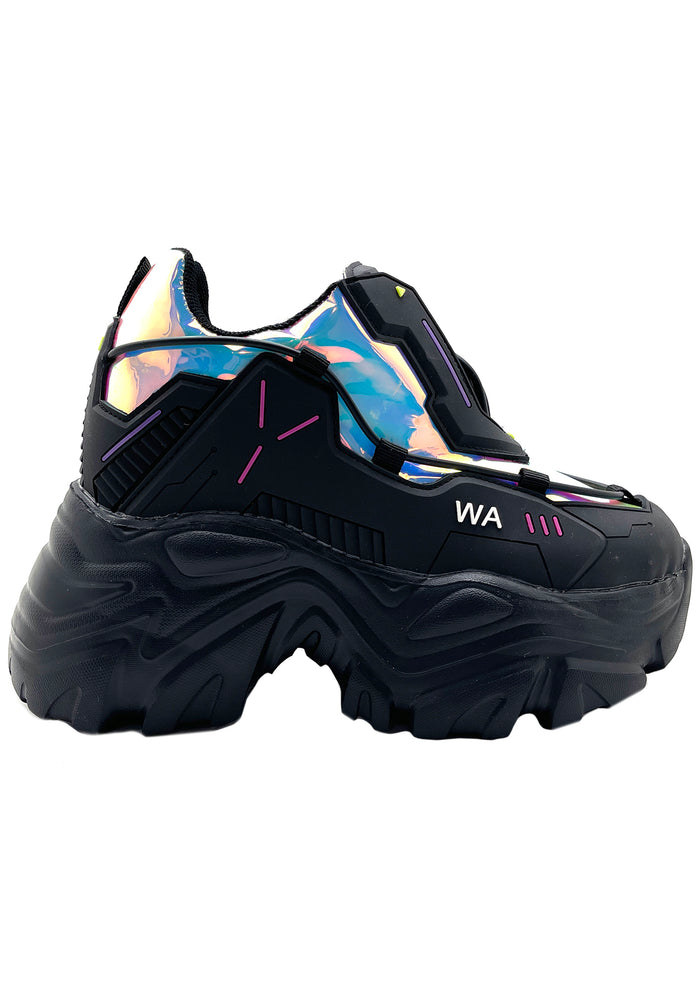 Side studio profile view of Anthony Wang X LASR Exclusive Watermelon 04 Neuromancer platform sneakers in black vegan leather featuring iridescent details and chunky tech rave soles