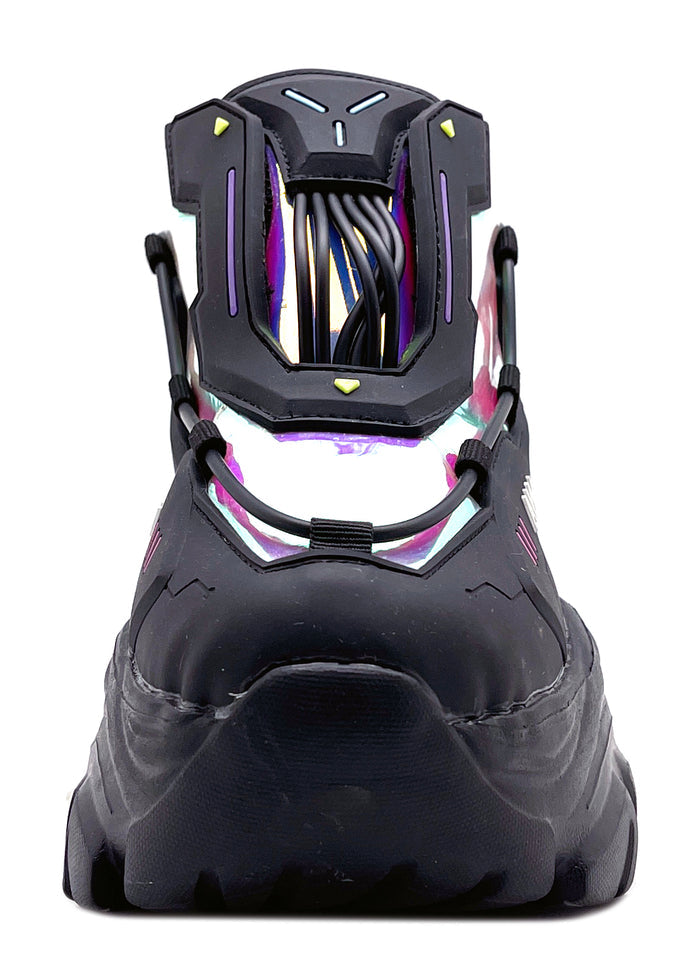 Three-quarter studio profile of Anthony Wang X LASR Exclusive Neuromancer black platform sneakers emphasizing the low-top techwear silhouette and layered upper panels