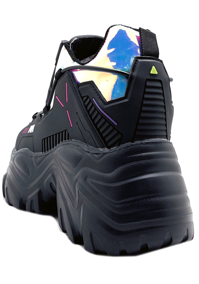 Close-up on-foot view of Anthony Wang X LASR Exclusive Neuromancer black platform sneakers highlighting the detailed PU cable accents and cyberpunk aesthetic