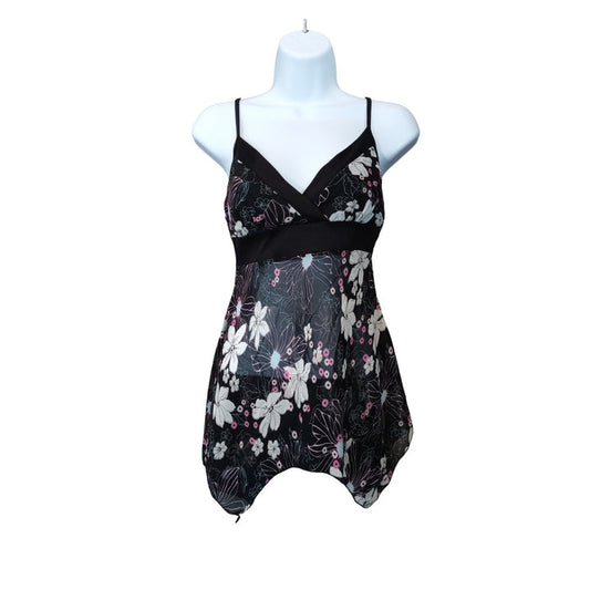 Y2k Black Floral Print Tank Flowy Handkerchief Hem Tank Top Women's Size Small0