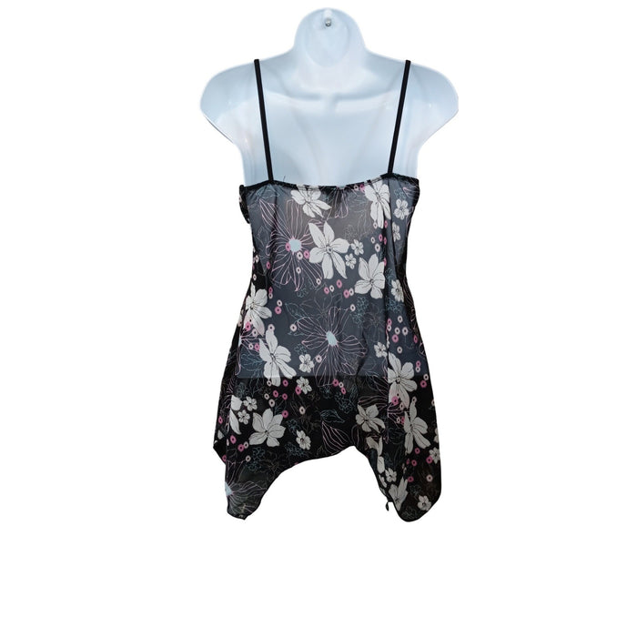 Y2k Black Floral Print Tank Flowy Handkerchief Hem Tank Top Women's Size Small2