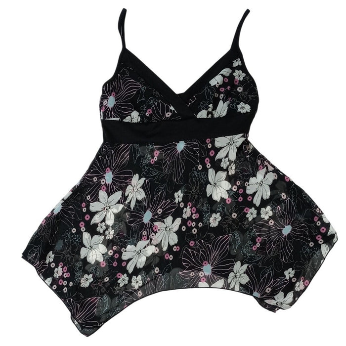 Y2k Black Floral Print Tank Flowy Handkerchief Hem Tank Top Women's Size Small4