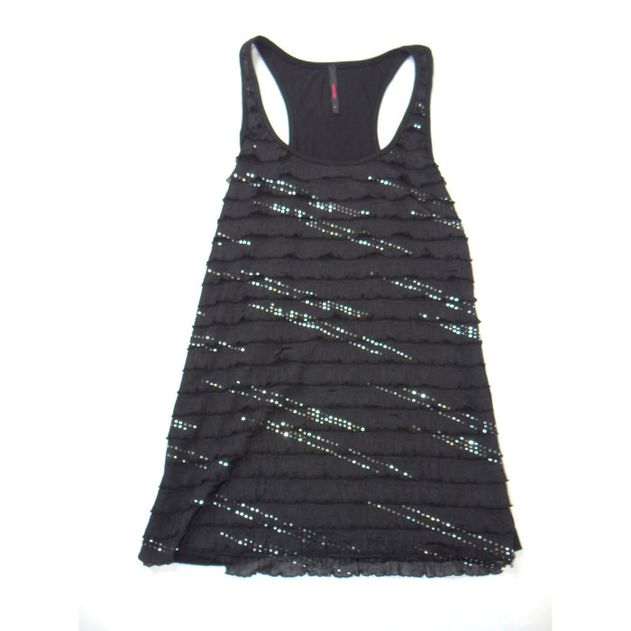 Y2K Candy Rain Womens Black Ruffle Sequin Racerback Tank Top Size L Slim Fit0