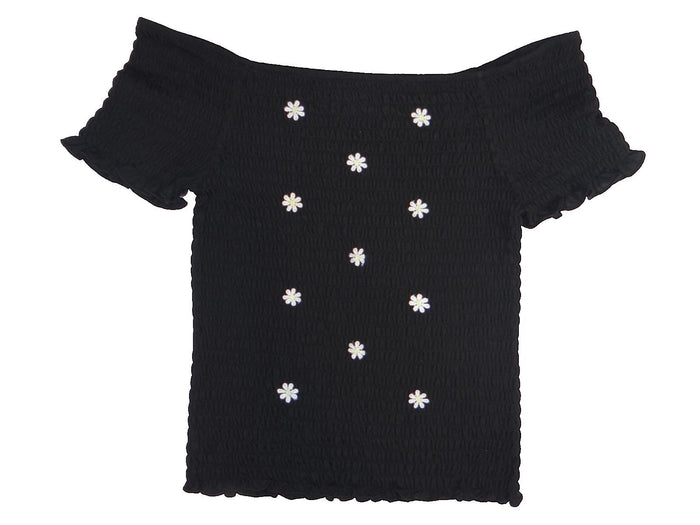 Y2K Crave Fame Black Off Shoulder Smocked Top with White Floral Embroidery XL0