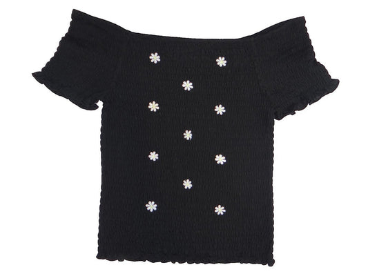 Y2K Crave Fame Black Off Shoulder Smocked Top with White Floral Embroidery XL0