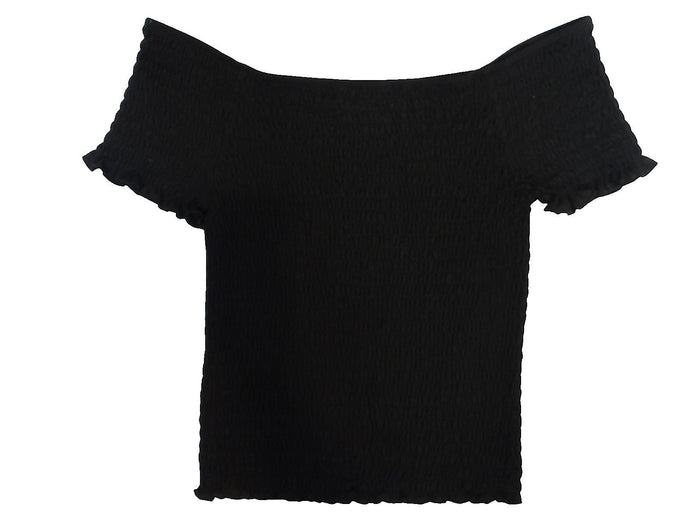 Y2K Crave Fame Black Off Shoulder Smocked Top with White Floral Embroidery XL1