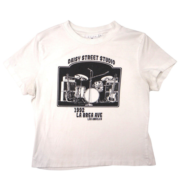 Y2K Daisy Street Studio Graphic T Shirt White Black Band Drum Guitar Logo Tee0