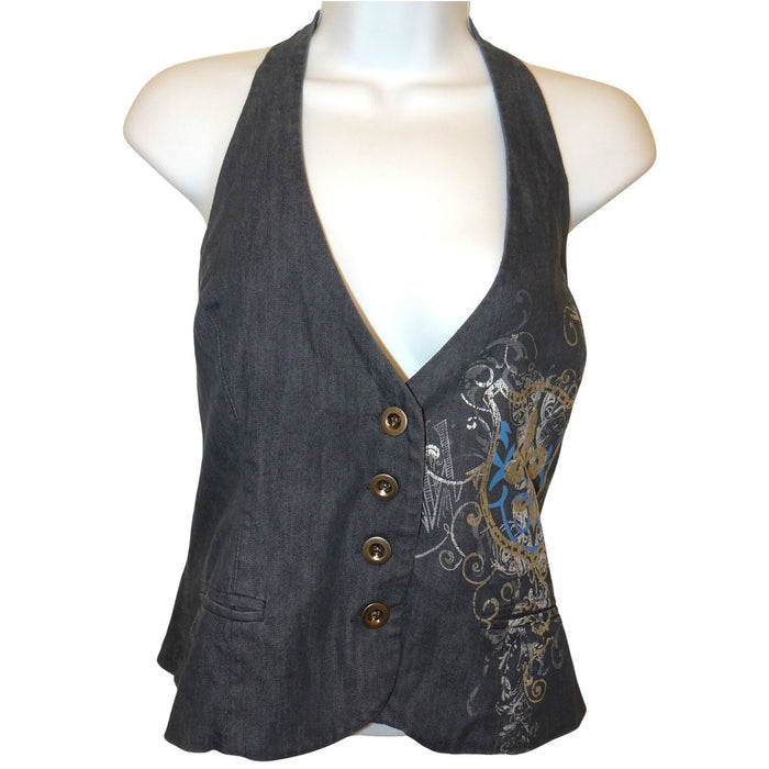 Y2k Womens Dark Wash Denim Halter Vest Fleur de lis Graphic Button Up Blue0