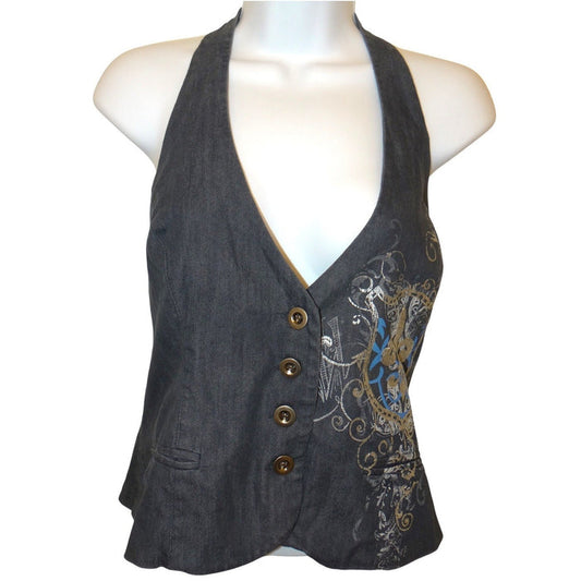 Y2k Womens Dark Wash Denim Halter Vest Fleur de lis Graphic Button Up Blue0