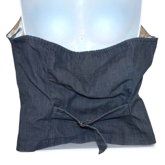 Y2k Womens Dark Wash Denim Halter Vest Fleur de lis Graphic Button Up Blue1