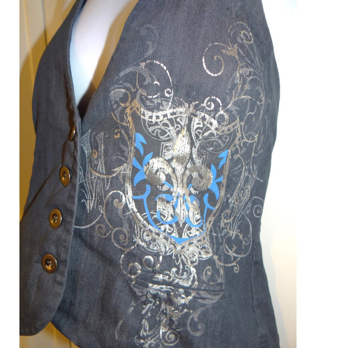 Y2k Womens Dark Wash Denim Halter Vest Fleur de lis Graphic Button Up Blue2