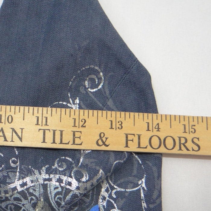 Y2k Womens Dark Wash Denim Halter Vest Fleur de lis Graphic Button Up Blue4