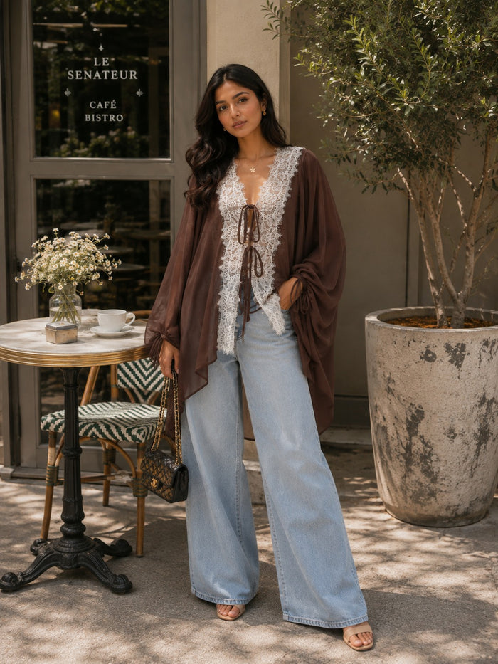 Yelena Lace Tie Up Top - Brown