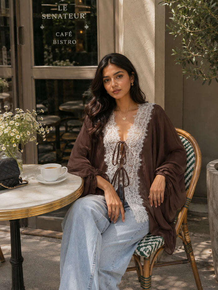 Yelena Lace Tie Up Top - Brown