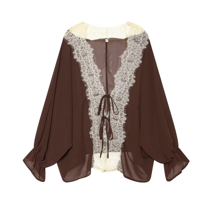 Yelena Lace Tie Up Top - Brown