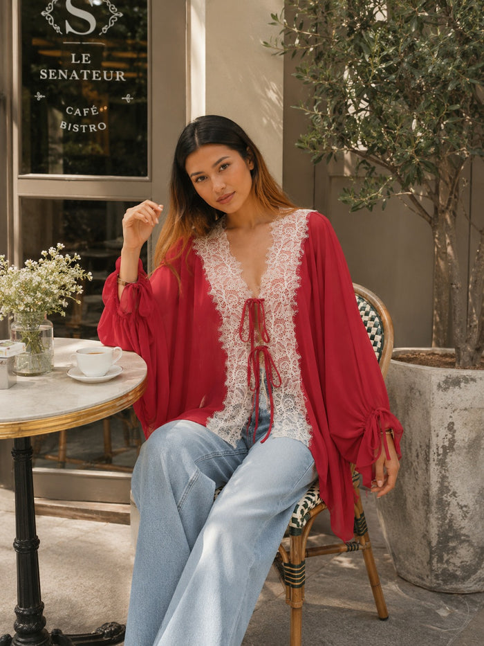 Yelena Lace Tie Up Top - Red