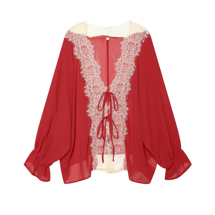 Yelena Lace Tie Up Top - Red