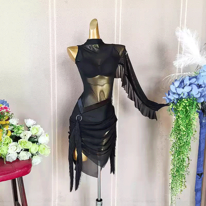 YJFY Women's Black Tassel Latin Dance Dress Dance Wear Training Performance Dress