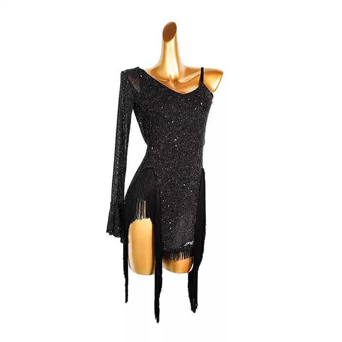 YJFY Women's Black Tassel Latin Dance Dress Dance Wear Training Performance Dress